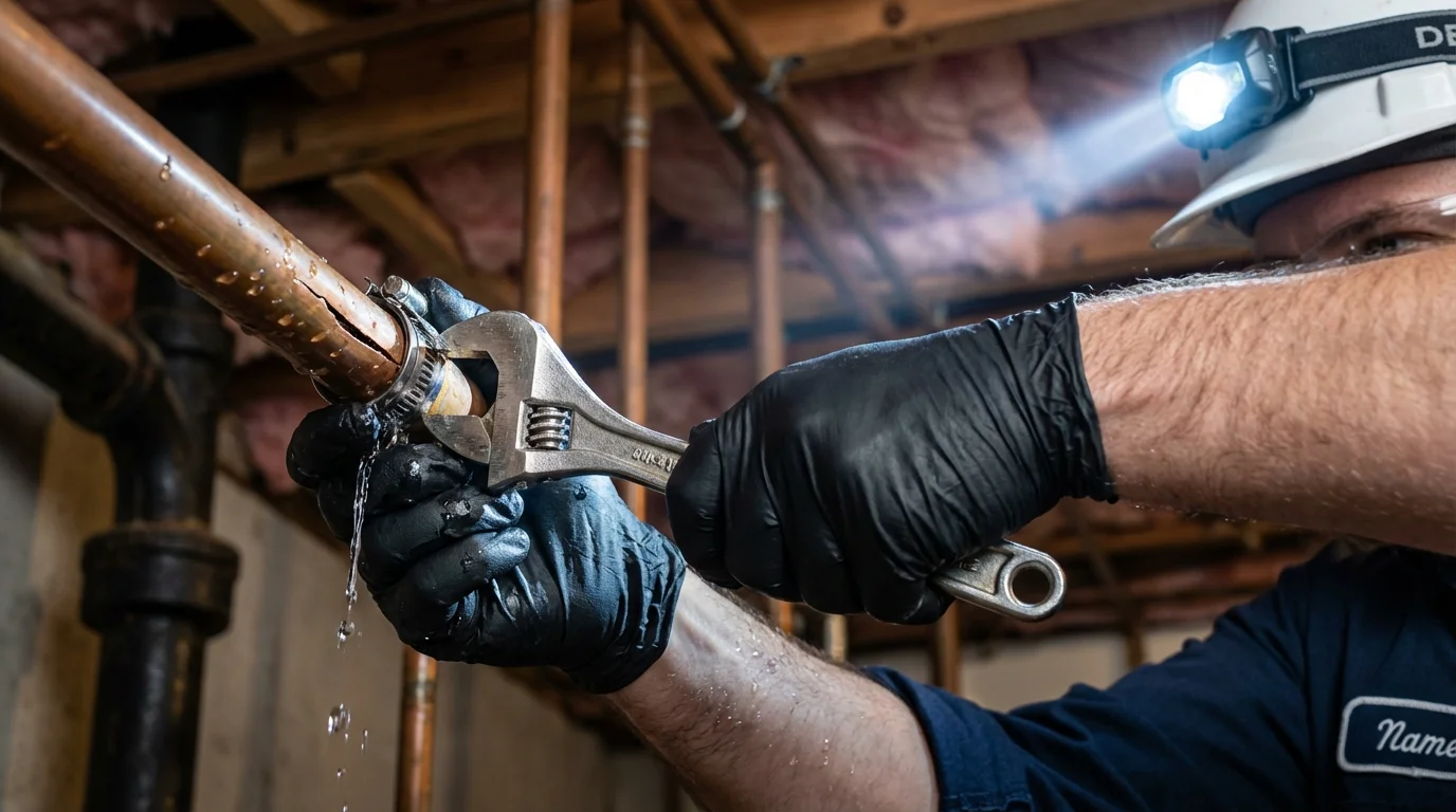 Emergency pipe clamp repair being performed by a Johns Plumbing LLC plumber in Salem