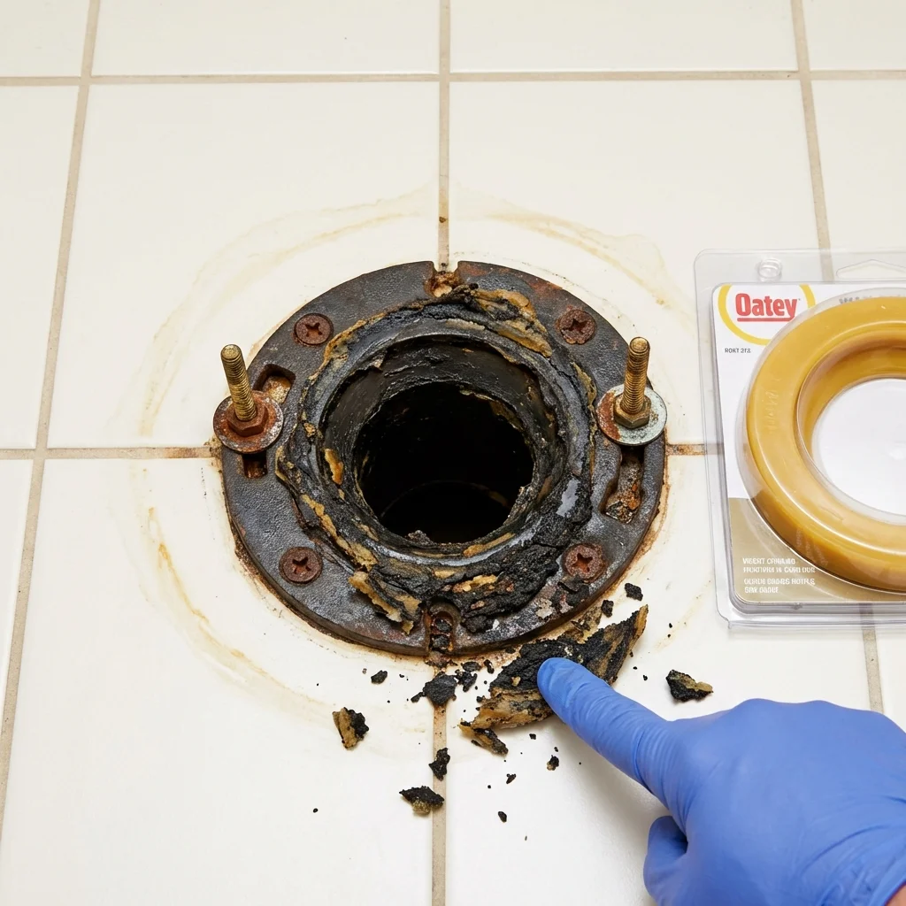 Failed wax ring showing water seepage at the base of a toilet in a Salem, OH home
